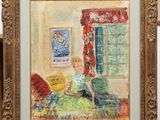 an oil painting of a woman sitting on a couch in front of a window
