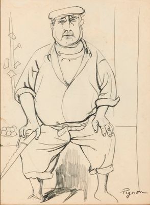dessin représentant un homme coiffé d'un chapeau et muni d'une canne, debout devant un mur