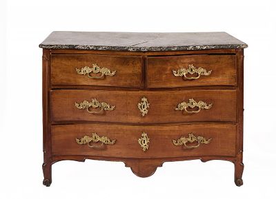 a wooden chest of drawers with a marble top