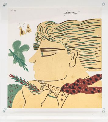 an image of a painting of a man with a bird on his shoulder