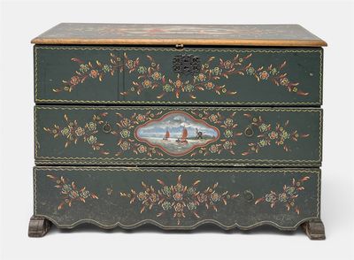 a green chest of drawers with a painting on it