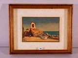 painting of a lighthouse on a rocky beach with a boat in the foreground