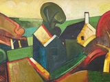 a painting of a man sitting at a table with a bottle of wine