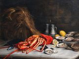 a painting of a lobster and oysters on a table