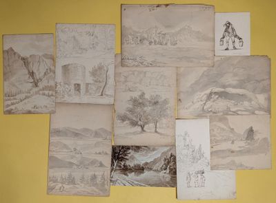 a bunch of drawings on the wall of a room