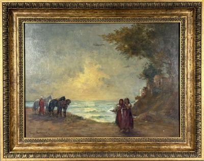 tableau représentant un groupe de personnes debout sur une plage près d'un plan d'eau