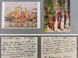 deux cartes postales représentant un homme et une femme sur un bateau