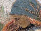 an oil painting of a woman with a blue hat and a red scarf