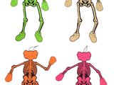 quatre figurines de squelettes de couleurs, tailles et formes différentes