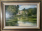 peinture représentant un paysage avec une rivière et une maison au loin