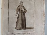an old book with a drawing of a woman in a long dress