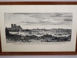 a drawing of a view of a city with a castle in the background