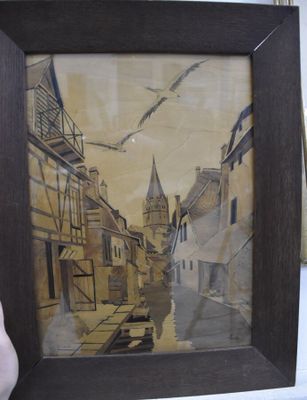 Tableau en marqueterie de bois à décor d'un village Alsacien…