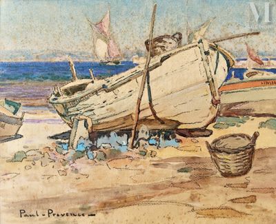 a painting of a boat on the beach by the water