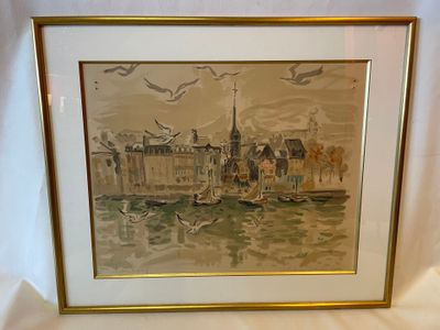 tableau encadré représentant un bateau sur un plan d'eau, avec une église en arrière-plan