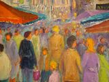 a painting of a crowd of people walking down the street