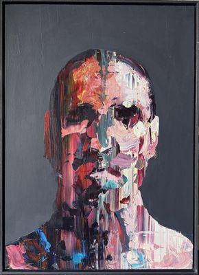an oil painting of a man ' s face is shown in a black frame