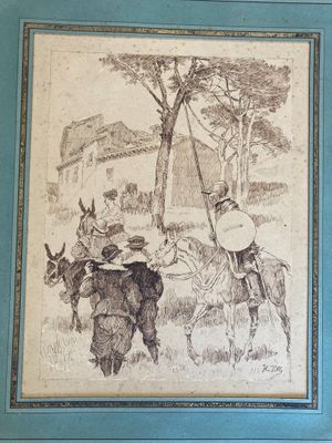 painting of a man on a horse and a man on a donkey
