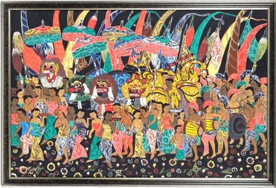 a painting of a large group of people with umbrellas