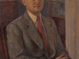 painting of a man in a suit and tie sitting in a chair