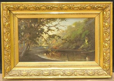 an image of a painting of a river and trees in a gold frame