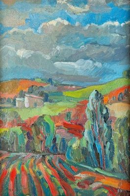 une peinture représentant une peinture d'un paysage avec des arbres et des nuages