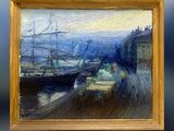 an image of a painting of boats in a harbor with a sky background