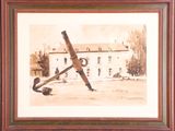 painting of an anchor in front of a building with a building in the background