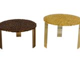 two side tables made of wood and glass on a white background