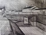 drawing of a black and white picture of a city with buildings
