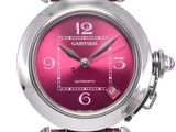 cartier ladies ' s watch with pink dial and leather strap