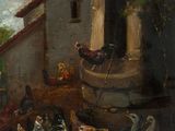 an oil painting of chickens and chickens outside a house