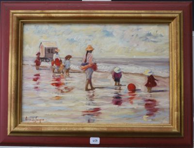 tableau représentant un groupe de personnes sur la plage avec un chien