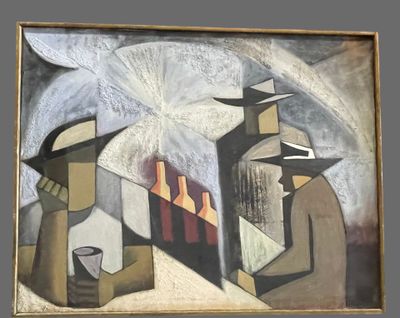 a painting of a man and a woman sitting at a table