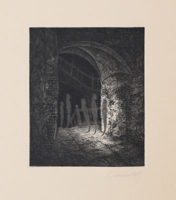 un dessin en noir et blanc représentant des personnes debout dans un tunnel