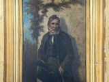 an old painting of a man with a cane in a gold frame