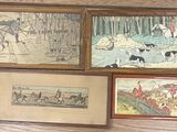 many framed pictures on the wall of a room