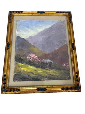 une peinture à l'huile représentant un paysage de montagne avec une vallée au premier plan