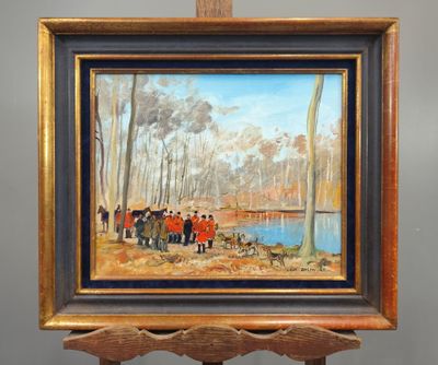 une peinture à l'huile représentant un tableau montrant un groupe de personnes au bord d'une rivière