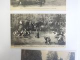 three pictures of people riding horses in a field