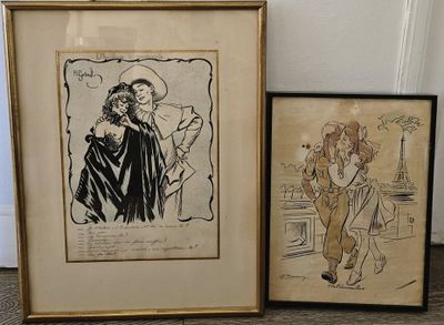 deux dessins encadrés représentant une femme et un homme, posés sur une table
