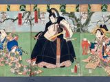 trois femmes vêtues de kimonos, assises dans un champ recouvert d'herbe