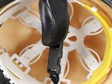 a close up of a helmet with a safety belt attached to it