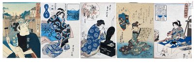 les trois panneaux d'un tableau représentant une femme en kimono