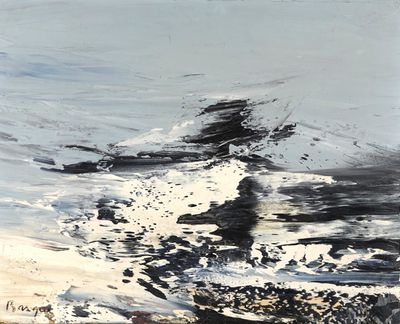 peinture représentant une peinture en noir et blanc d'une personne sur une planche de surf