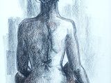 drawing of a woman sitting in a chair with her back turned