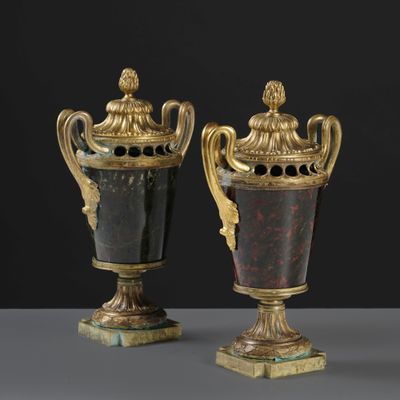 pair of bronze and patinated bronze urns on marble bases