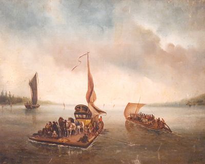 painting of a group of people on a boat in a body of water