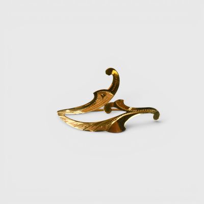 a pair of gold earrings on a white background