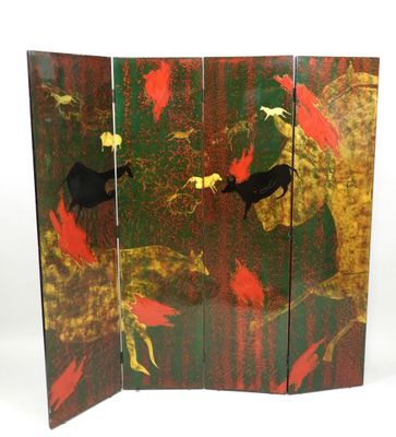 three paneled screen with birds and flowers painted on it